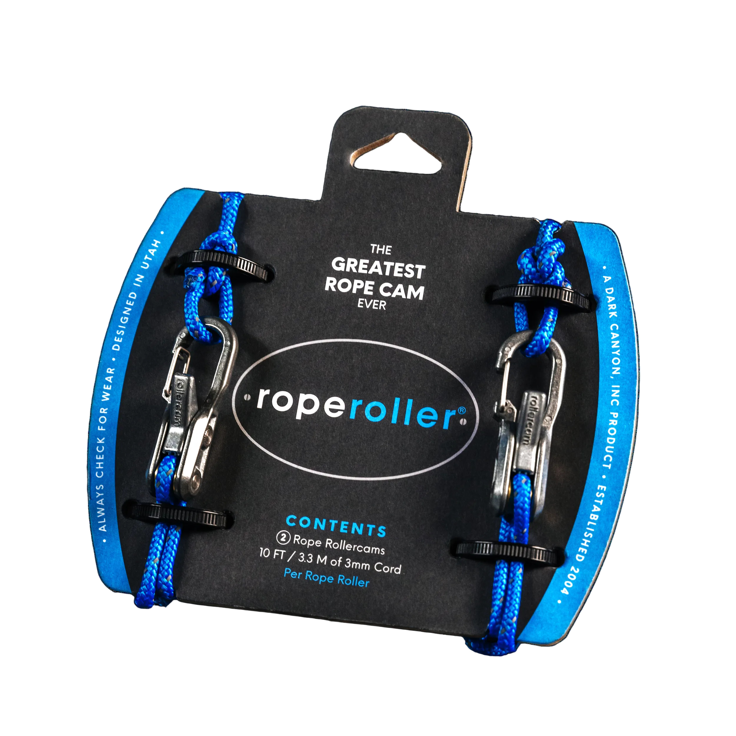 Six Rollercam Roperoller skate wheels with accessory cord and carry case, displayed in packaging.