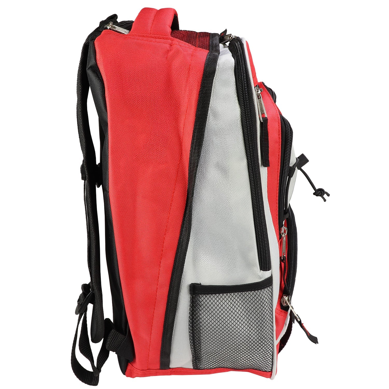 Red Elite Multi-pocket Hikers Backpack from quakekits.com with multiple compartments, rugged design, ideal for hiking and outdoor adventures.