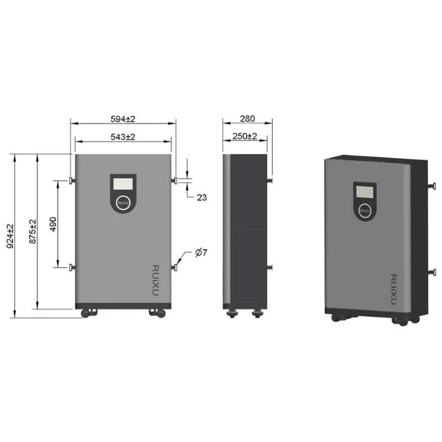 Outdoor RUiXU Lithi2-16 battery energy storage unit with IP65 rating, self-heating, 51.2V, 314Ah, 16kWh capacity, by Portable Sun LLC.