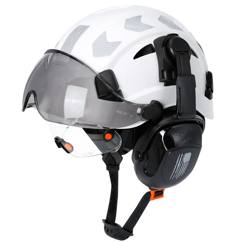 Safety helmet with visor and earmuffs from 24 Hour Sport, designed for head protection and safety in industrial or construction settings.