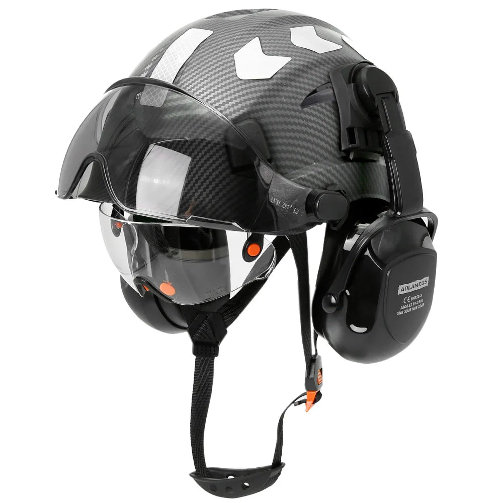 Safety helmet with visor and earmuffs from 24 Hour Sport, designed for total head protection and safety in industrial environments.