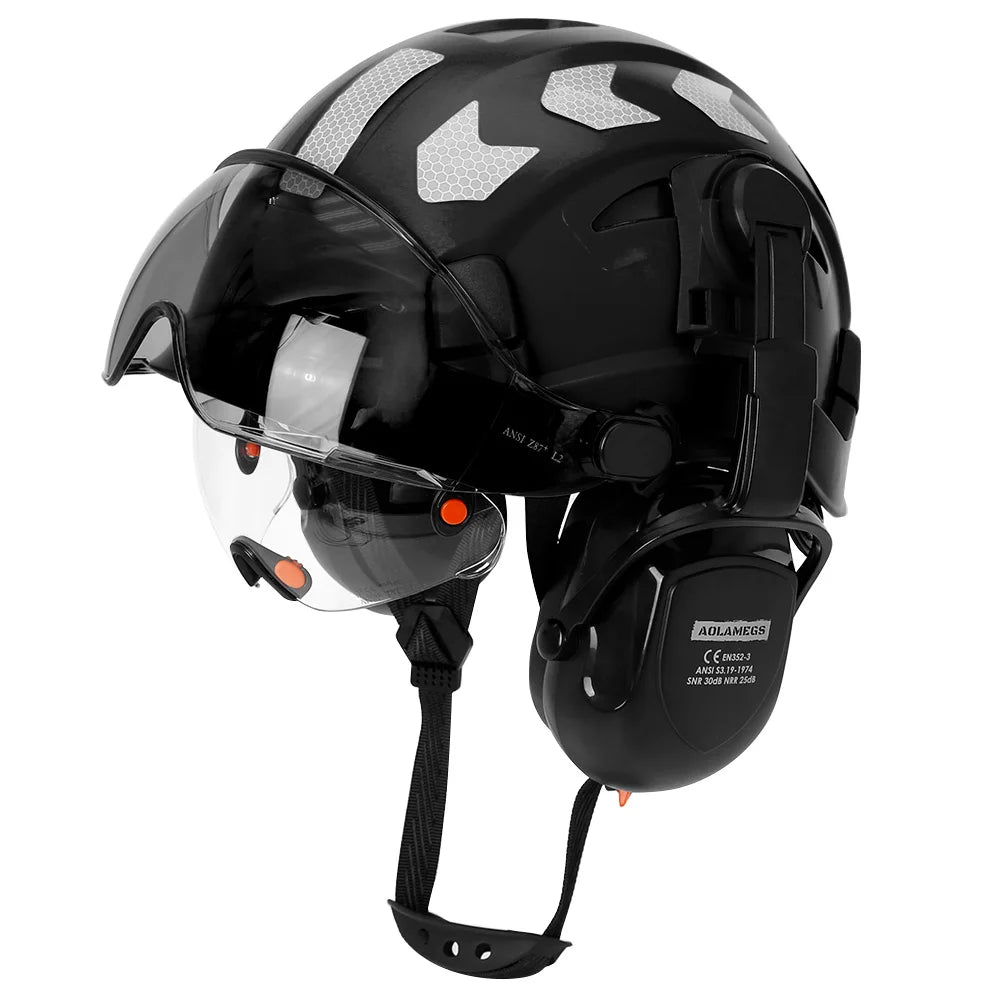 Safety helmet with visor and earmuffs, 24 Hour Sport total head protection safety helmet for industrial or construction use.