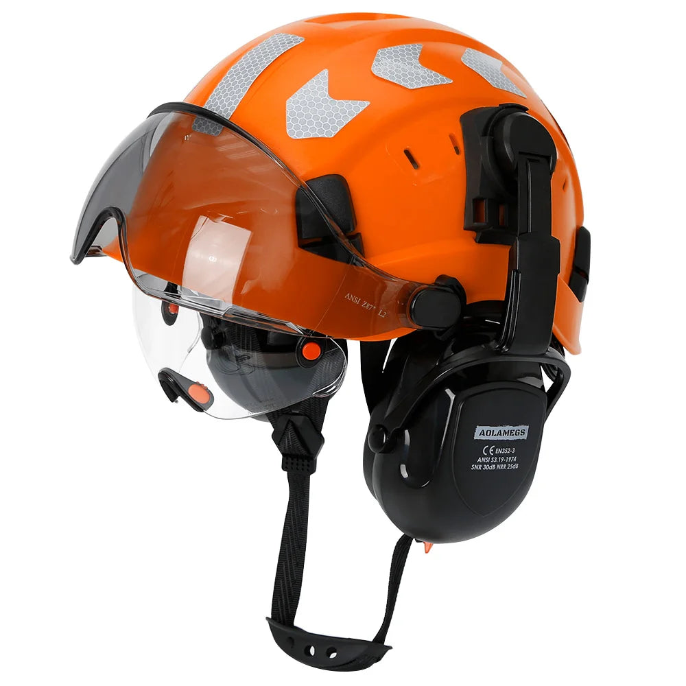 Safety helmet with visor and earmuffs for head protection, featuring adjustable straps and durable construction by 24 Hour Sport.