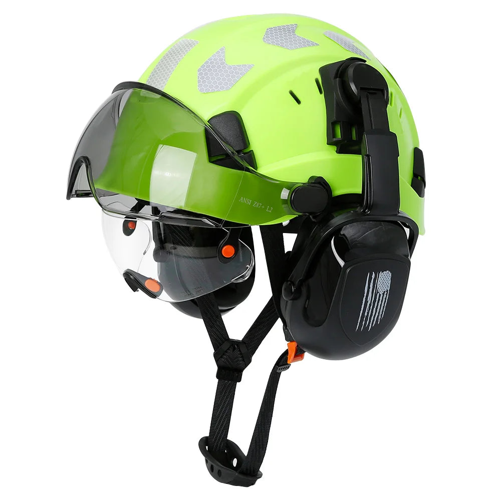 Safety helmet with visor and earmuffs, 24 Hour Sport total head protection safety helmet for industrial or construction use.
