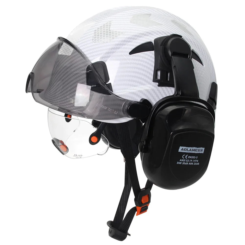 Safety helmet with visor and earmuffs by 24 Hour Sport, designed for head protection and safety in industrial or construction settings.