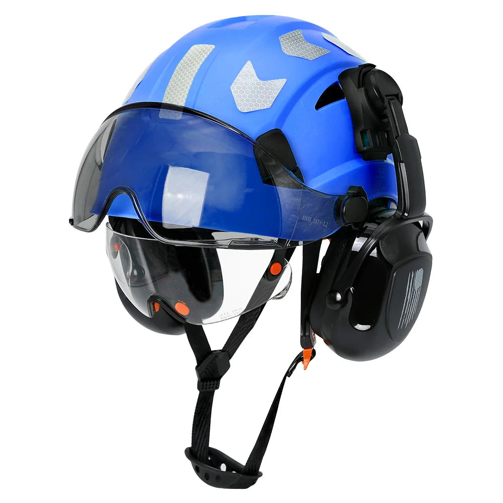 Safety helmet with visor and earmuffs from 24 Hour Sport, designed for comprehensive head protection and safety in industrial settings.