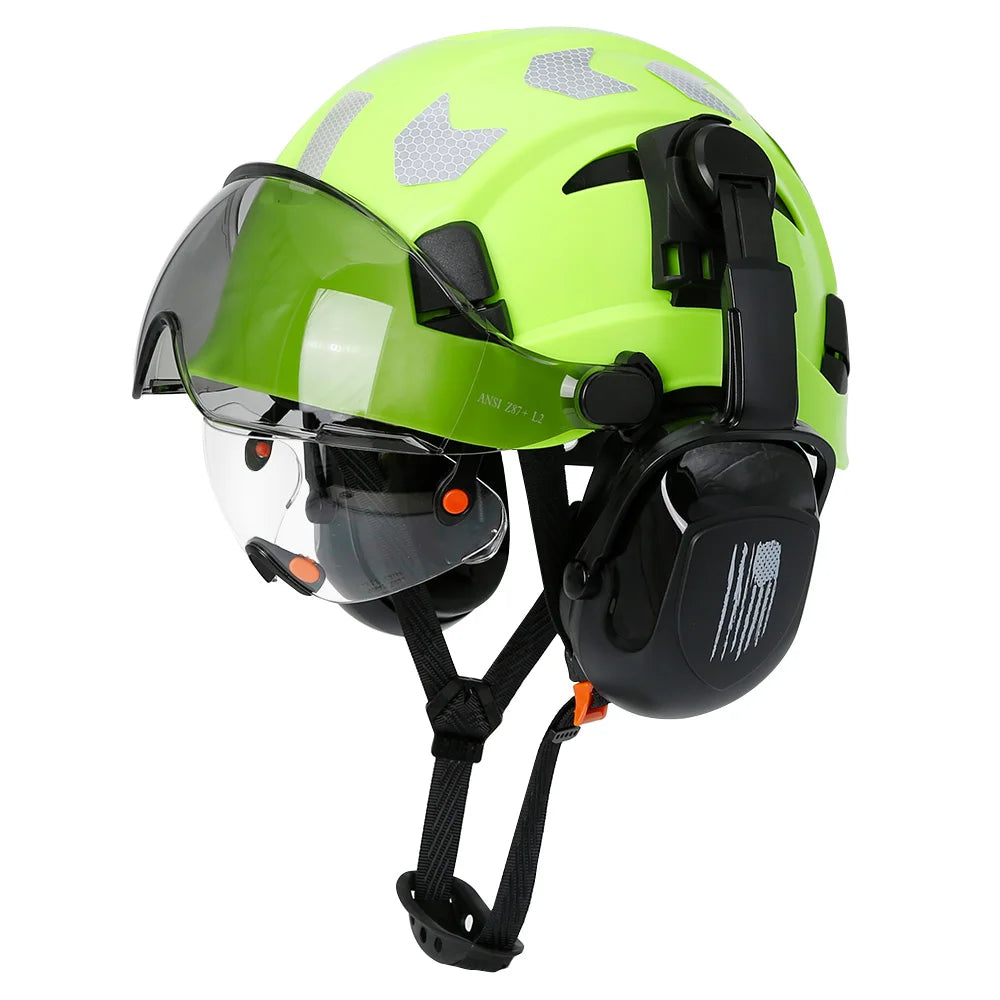 Safety helmet with visor and earmuffs for head protection, designed for industrial or construction use by 24 Hour Sport.