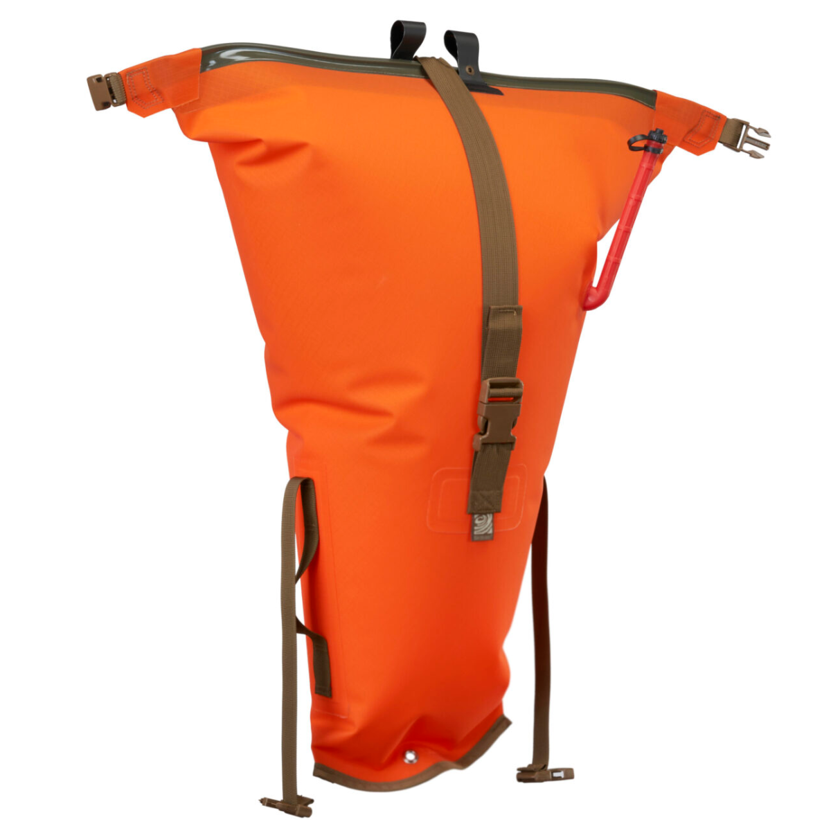 Bright orange waterproof roll-top bag with brown straps and buckles, shown on a plain white background.
