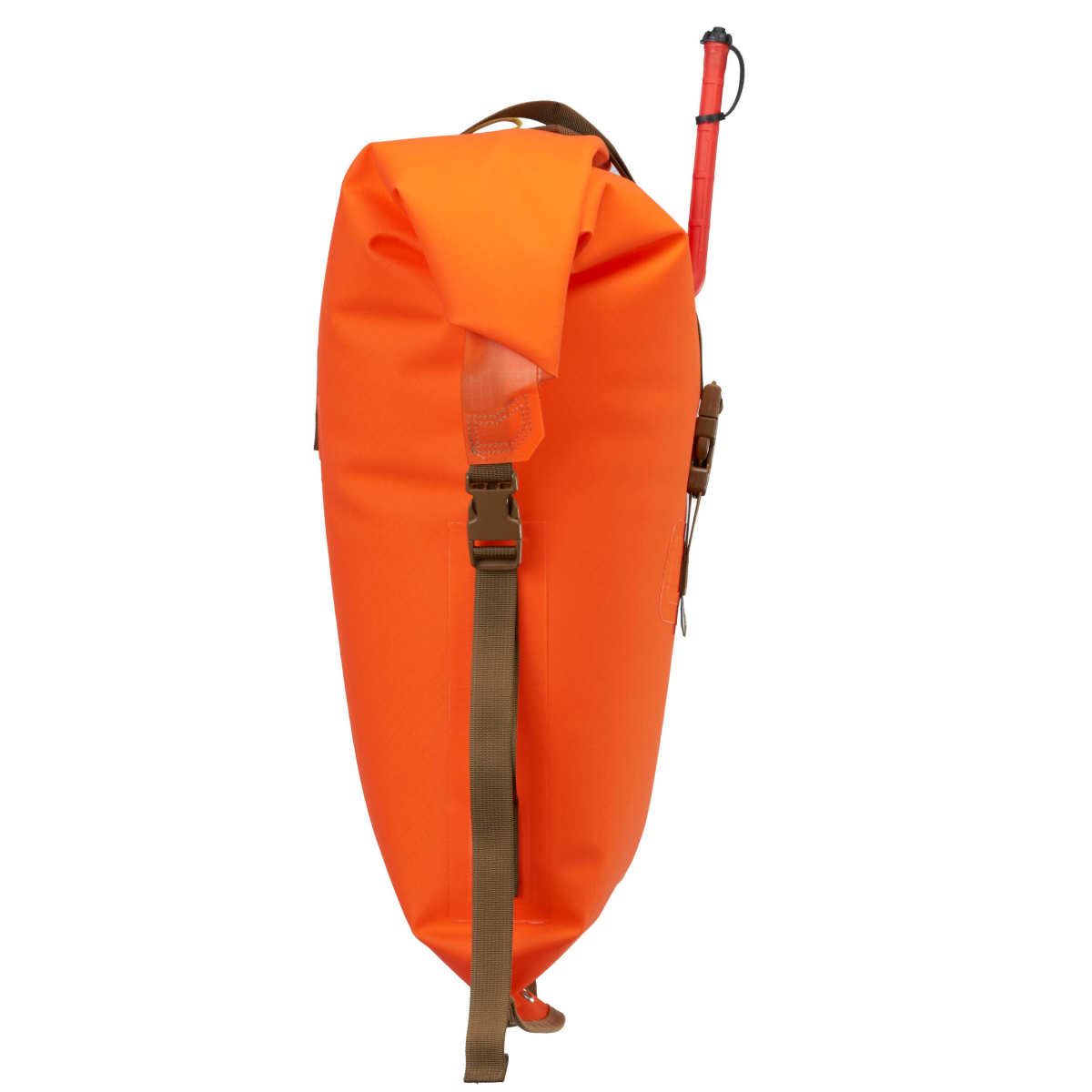 An orange waterproof dry bag with brown straps and buckles, shown from a side profile view on a solid white background.