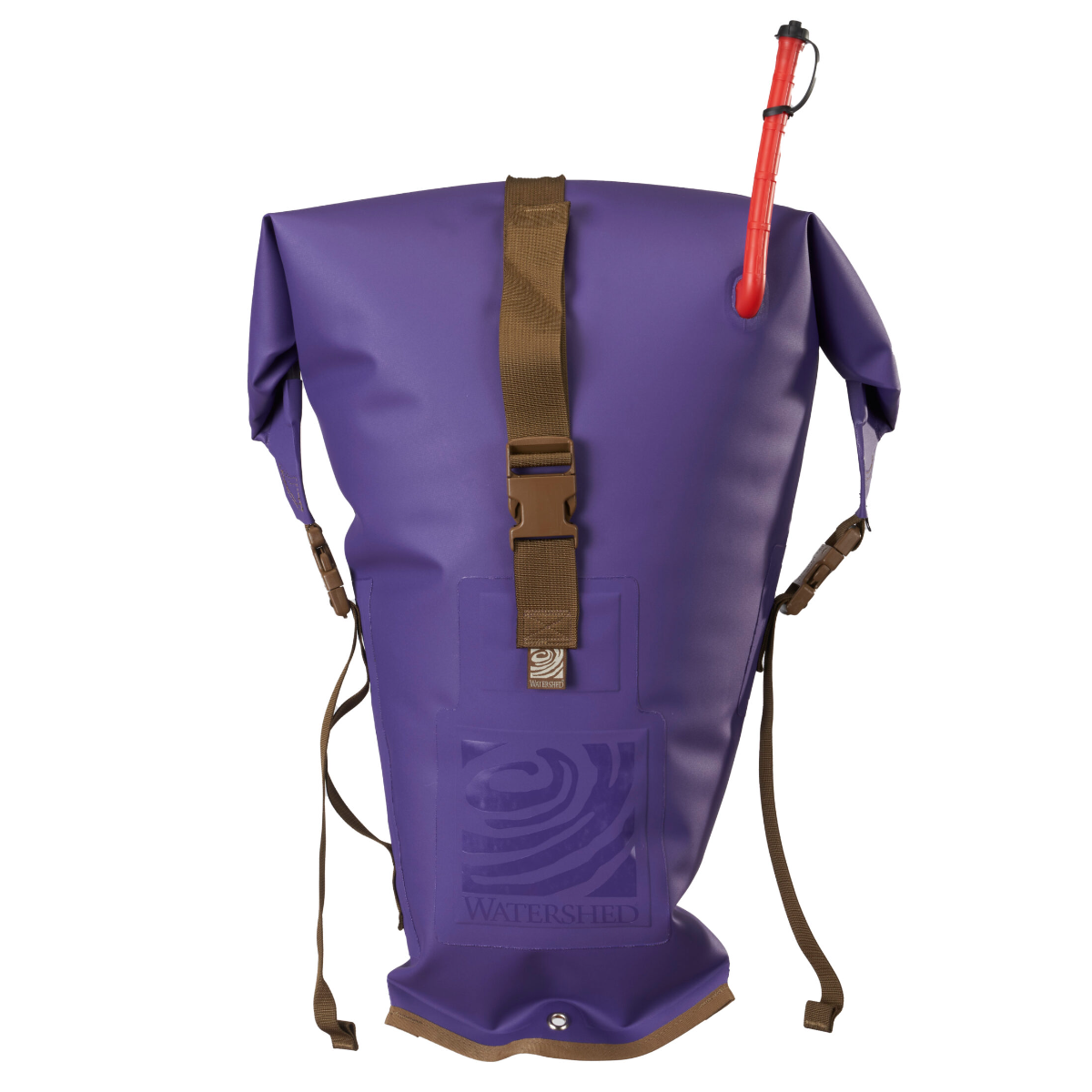 A purple waterproof backpack shown against a white background, featuring a brown buckle strap, brown straps, and a red drinking tube sticking out from the top.
