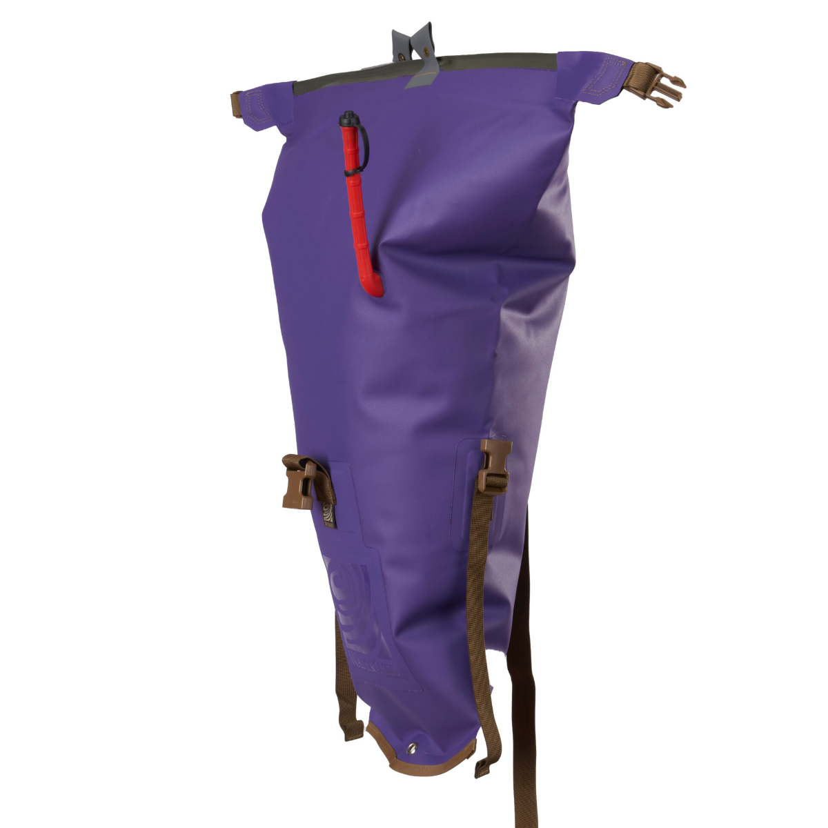 A purple waterproof roll-top bag with brown straps and buckles, a red zipper pull, and gray top straps, shown against a plain white background.