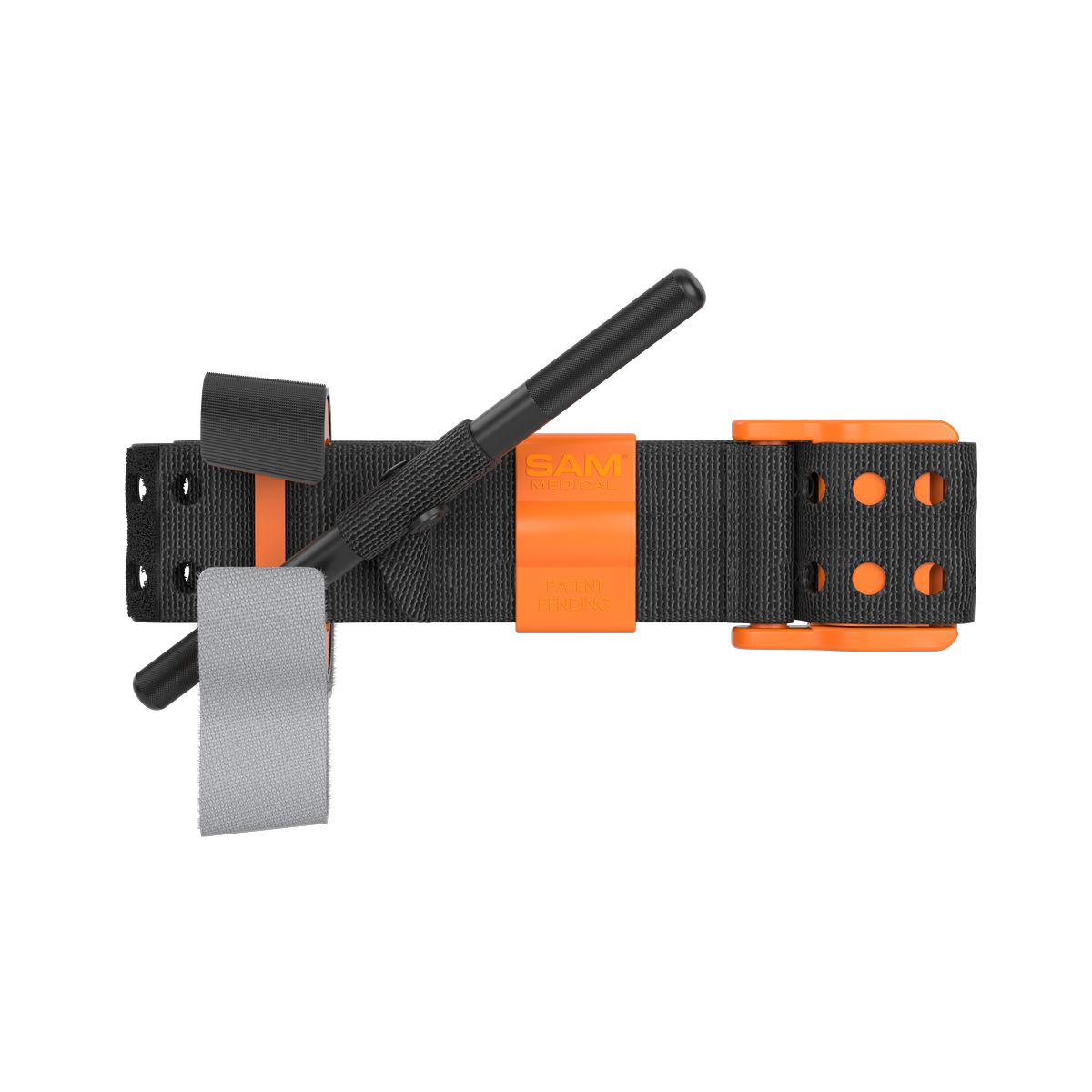 Black and orange SAM XT Extremity Tourniquet for bleeding management, designed for emergency trauma situations.