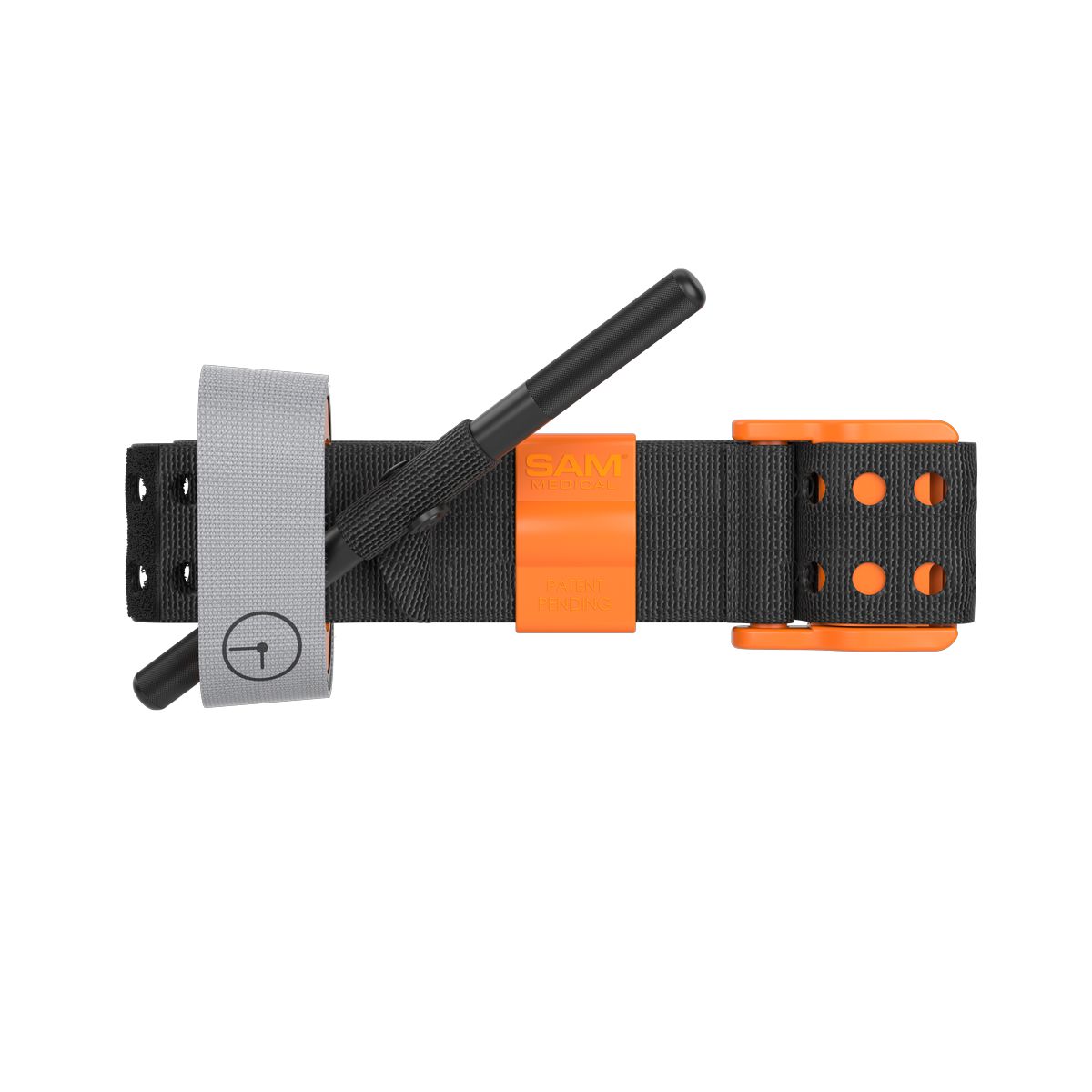 Black and orange SAM XT Extremity Tourniquet for bleeding management, designed for quick application and effective hemorrhage control.