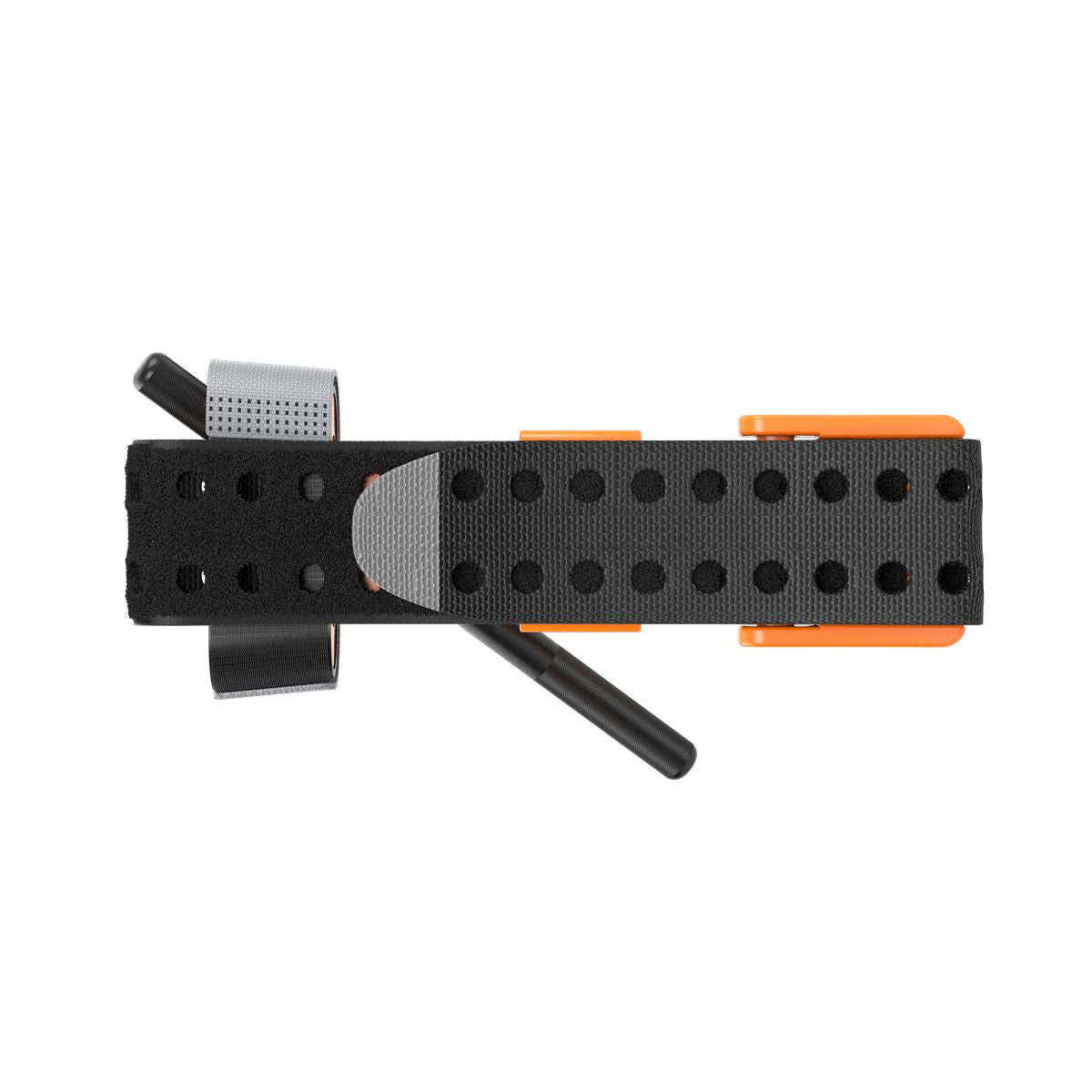 Black and orange SAM XT extremity tourniquet for bleeding management, featuring durable straps and quick-release buckle.