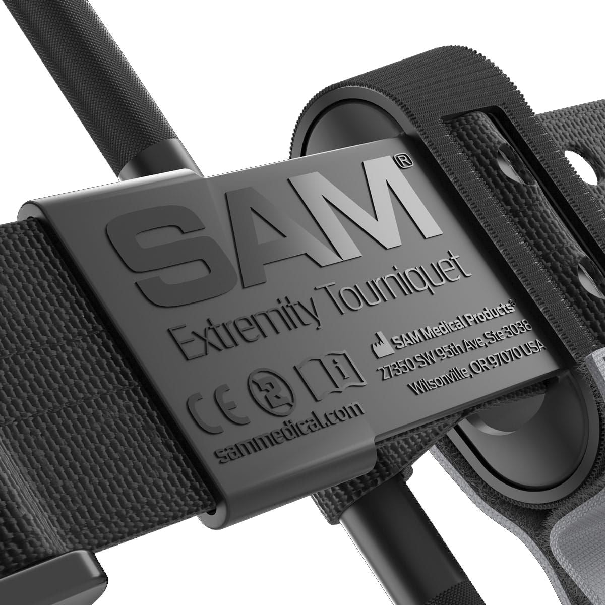 Black and blue SAM XT Extremity Tourniquet for bleeding management, shown in a detailed close-up image.