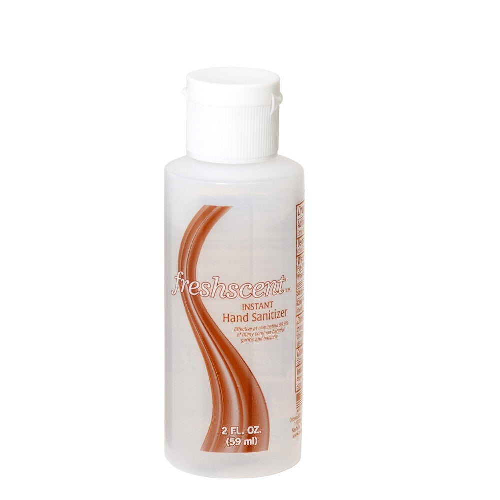 Clear 2 oz. hand sanitizer bottle with 70% ethyl alcohol for hygiene, featuring a simple label and flip-top cap.