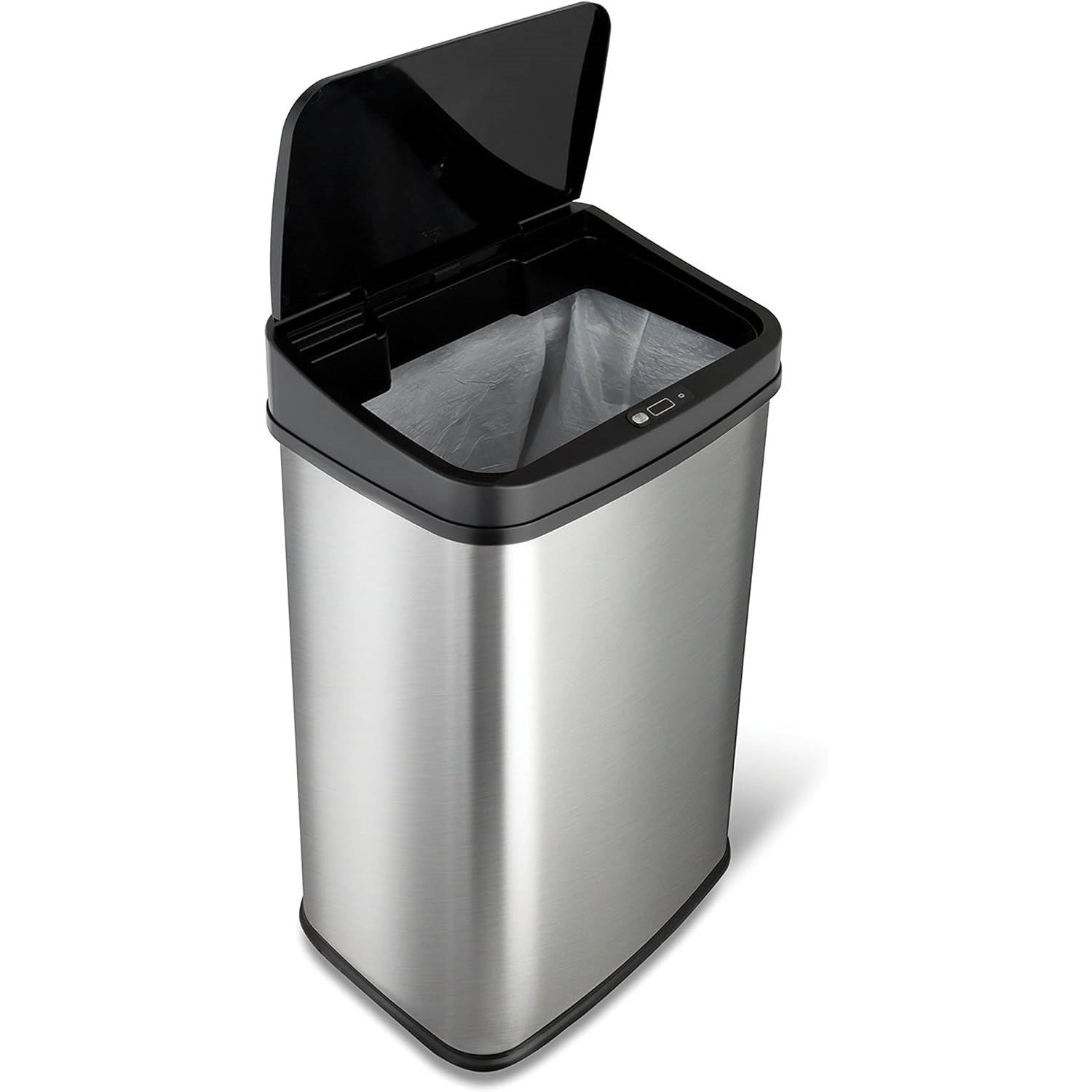 Silver and black stainless steel kitchen trash can with motion sensor lid, 13-gallon capacity, from HomePacific.