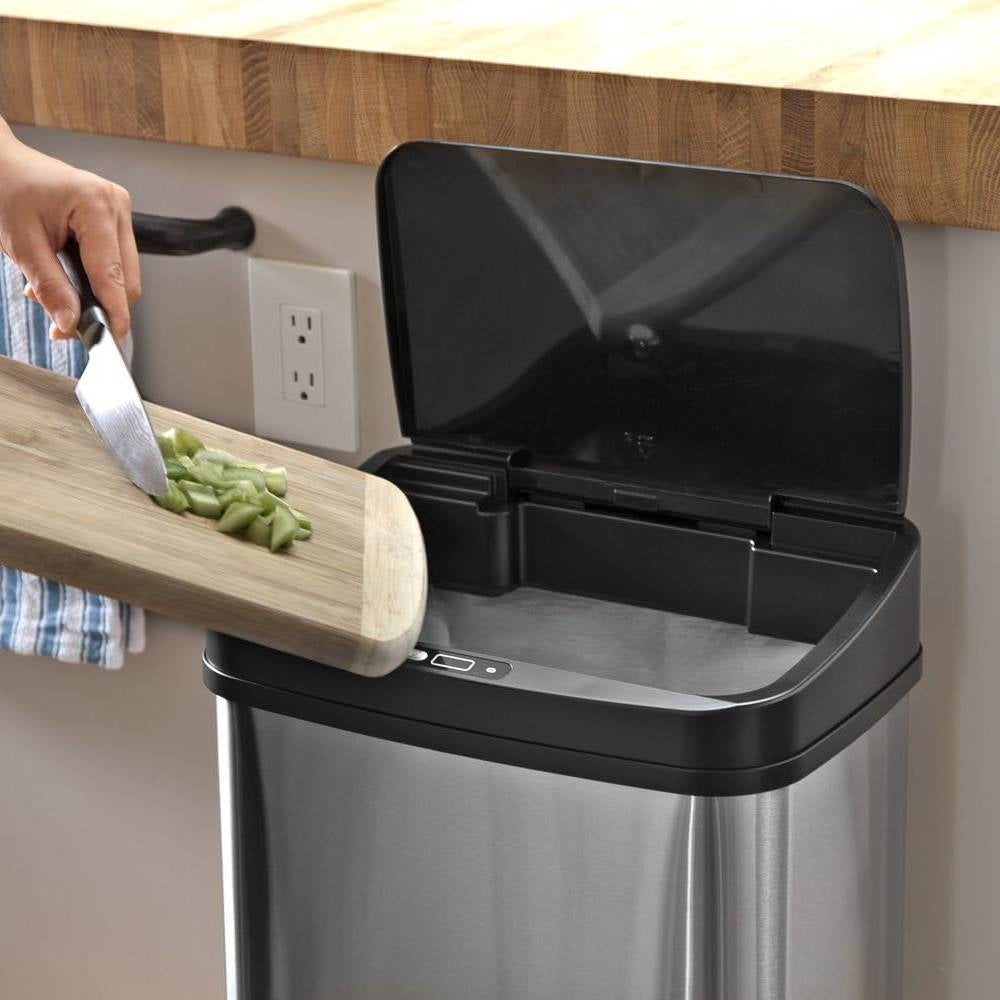 Silver and black 13-gallon stainless steel kitchen trash can with motion sensor lid by HomePacific.