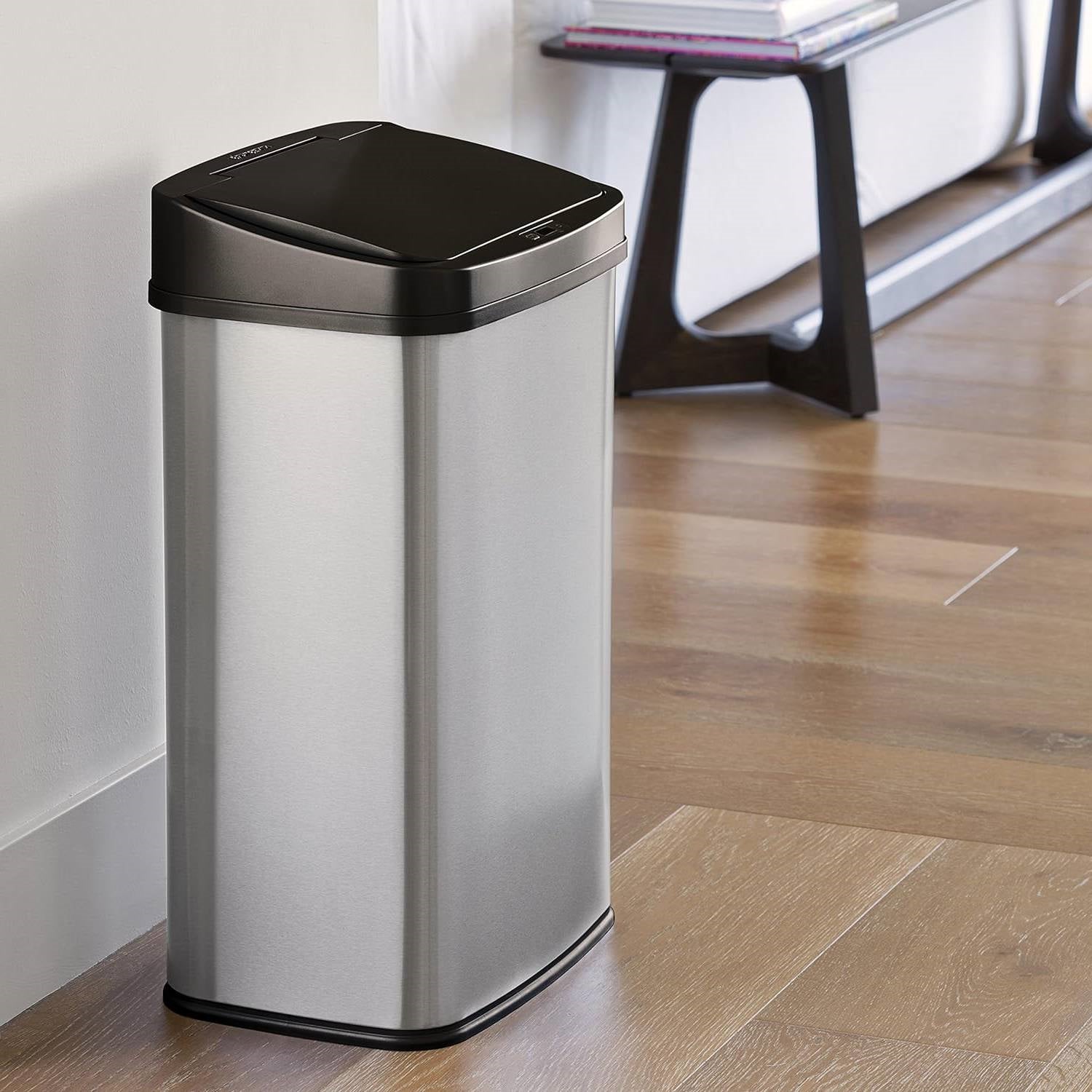 Silver and black 13-gallon stainless steel kitchen trash can with motion sensor lid by HomePacific, showing the sleek design and sensor opening.