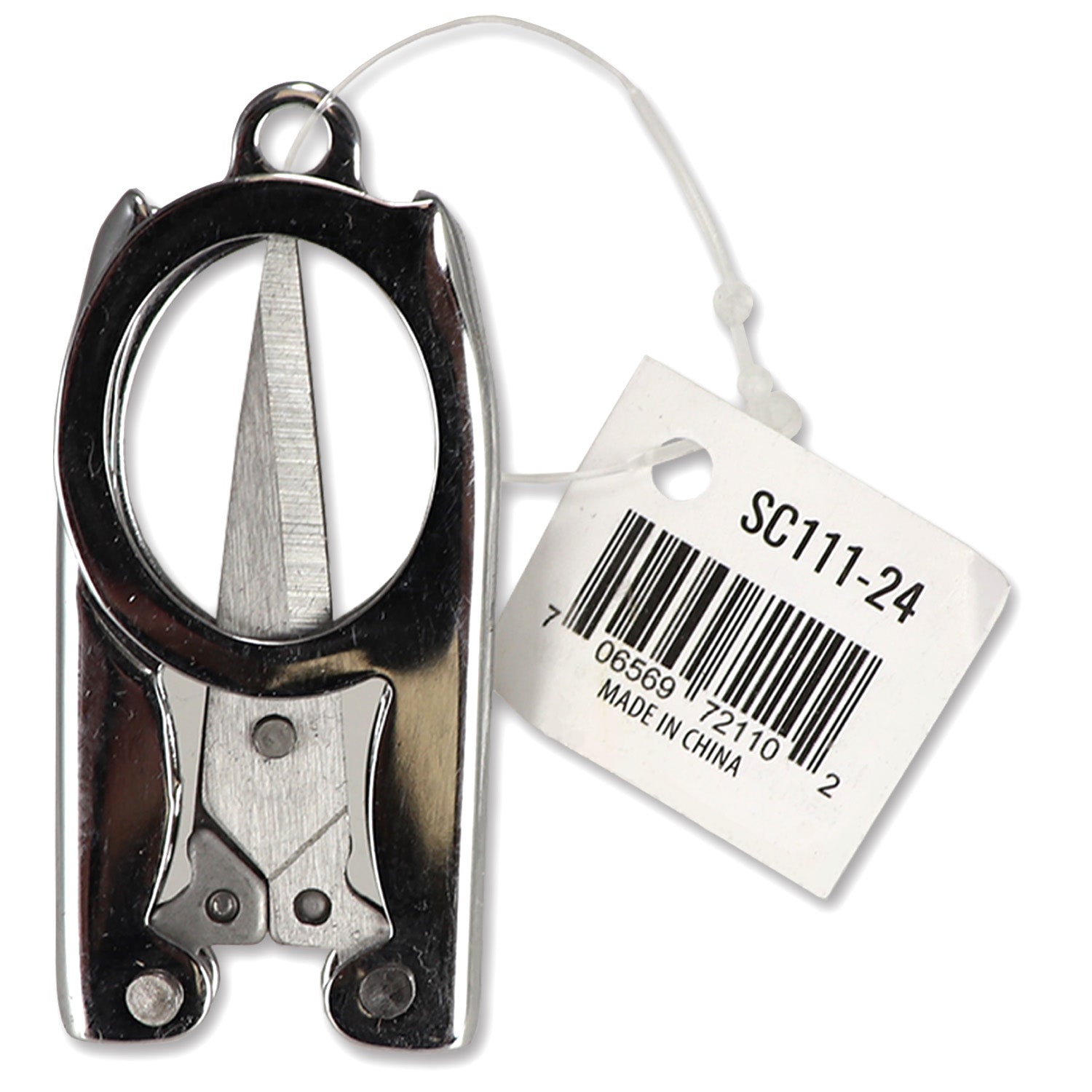 Stainless steel folding scissors, 3-1/2 inches long, with a 2-inch folded blade, designed for first aid and emergency use.