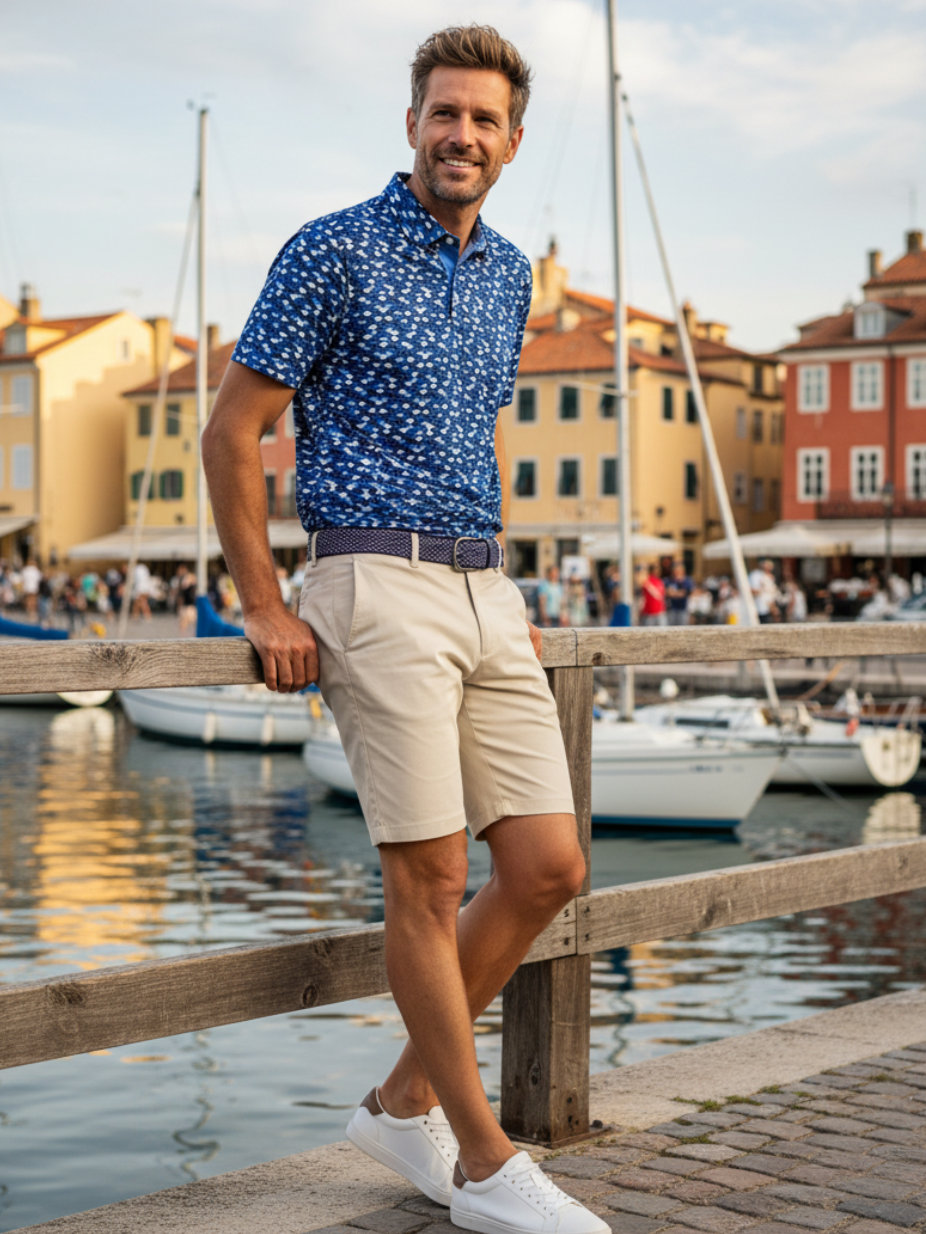 White Water Life Scales Polo in tan, classic short-sleeve polo shirt with a collar and button closure, casual and stylish.