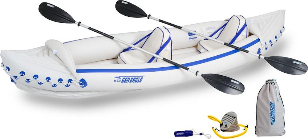 Backcountry Sportsman SE370 Sport Inflatable Kayak on water, showing its sleek design and bright color for outdoor adventure.