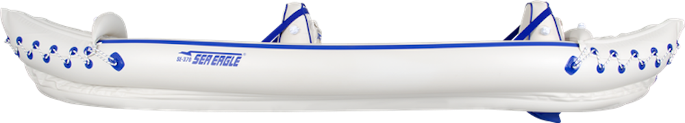 Backcountry Sportsman SE370 Sport Inflatable Kayak shown inflated with seating and paddles on a calm water surface.