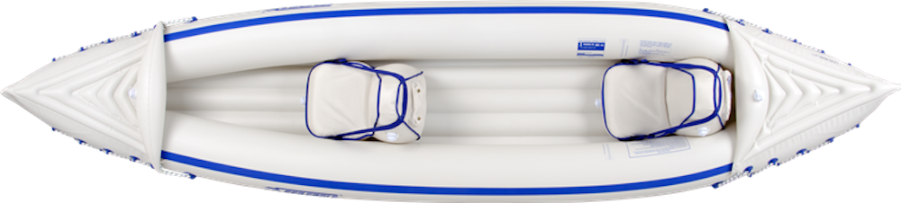 Backcountry Sportsman SE370 Sport Inflatable Kayak on water with paddles, showcasing durable, portable design for outdoor kayaking adventures.
