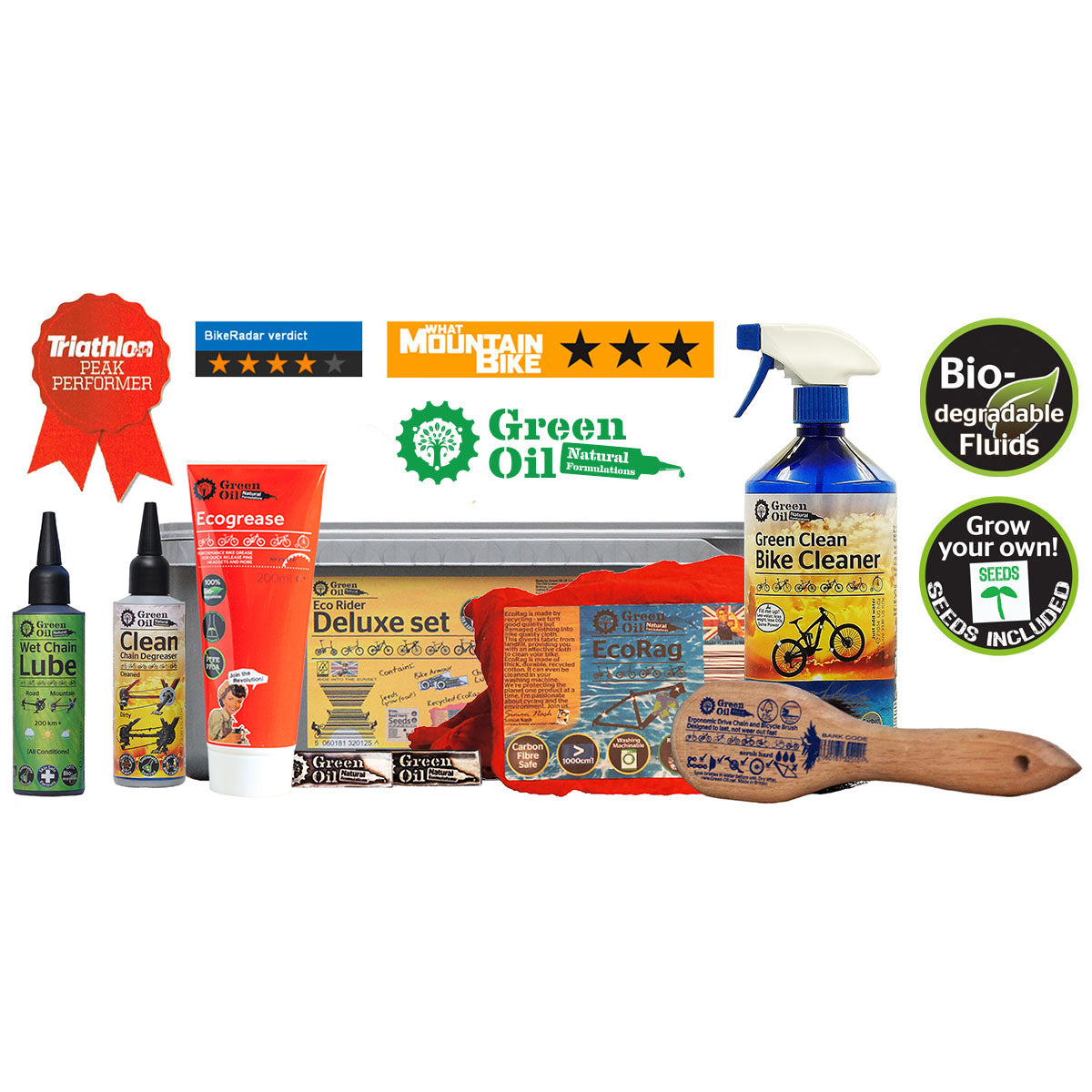 ZEITBIKE Green Oil Eco Rider Deluxe Set with lubricant bottles and cleaning tools for bike maintenance.