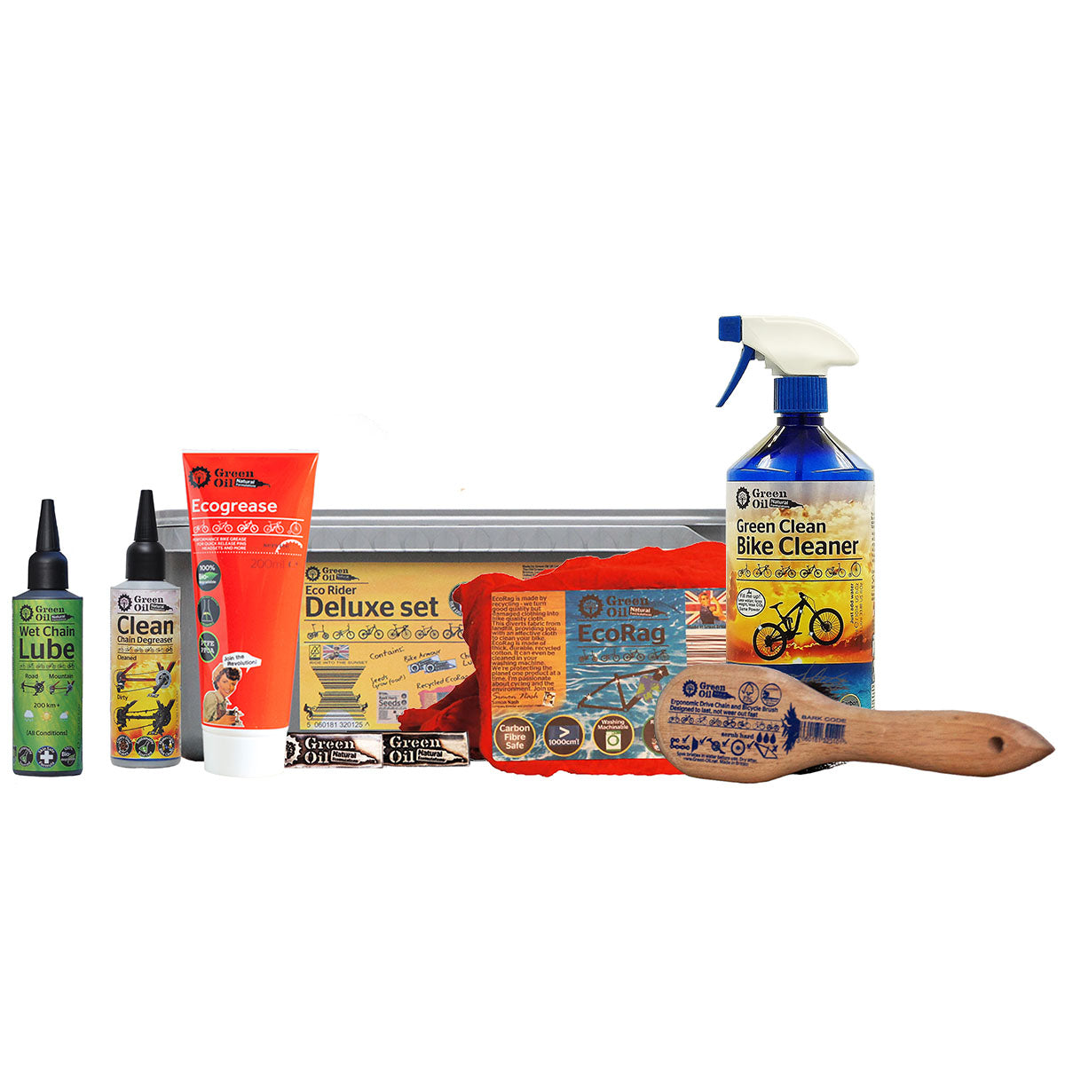 Green Oil Eco Rider Deluxe Set by ZEITBIKE, featuring eco-friendly lubricants and cleaners for bicycle maintenance.