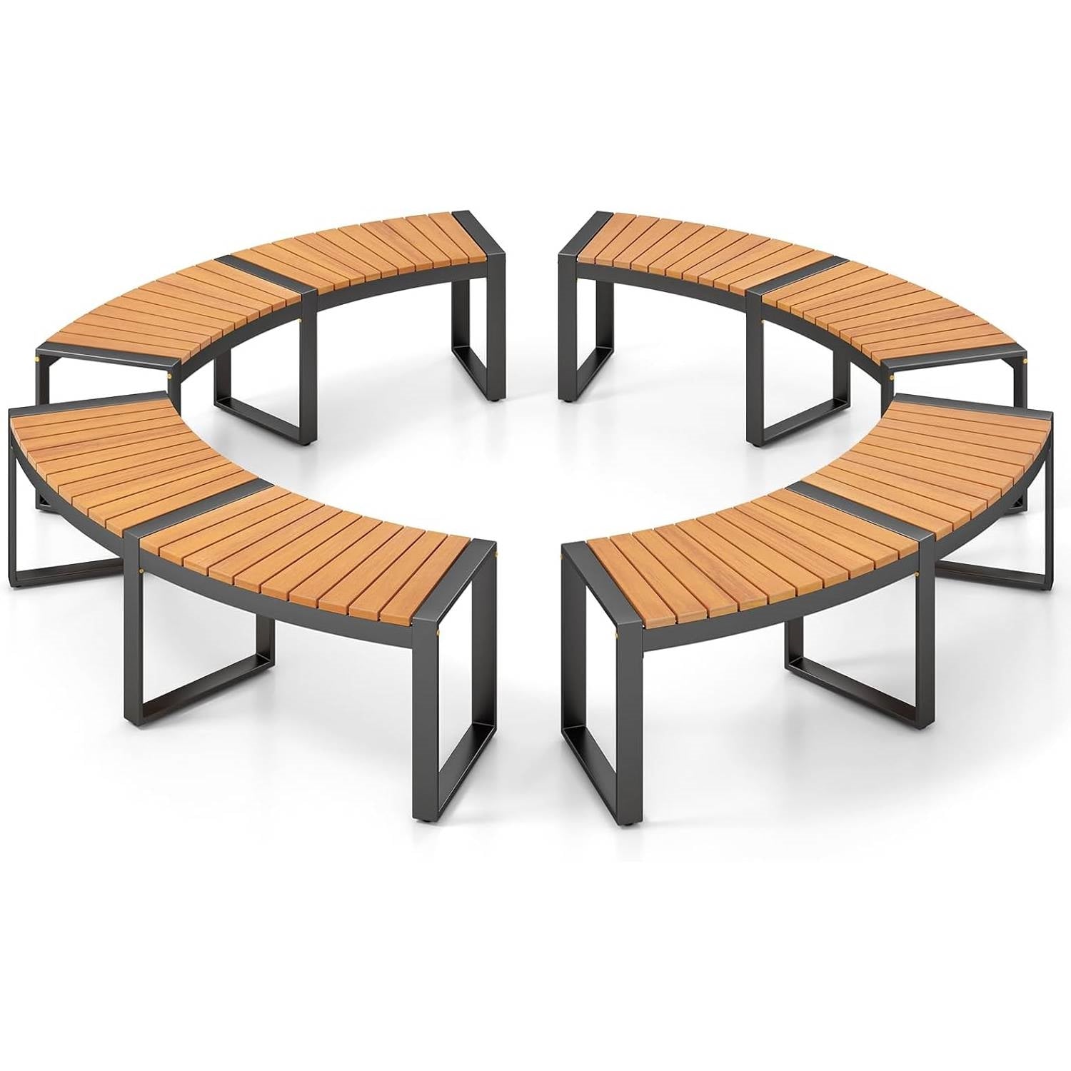 Set of four round outdoor metal and wood backless garden benches around a fire pit table, ideal for outdoor seating and gatherings.
