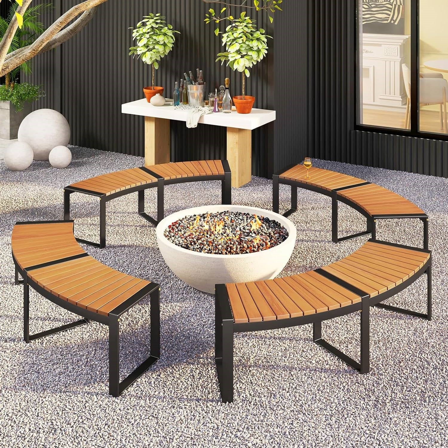 Set of 4 round outdoor metal wood backless garden benches around a fire pit table, ideal for outdoor patio seating.