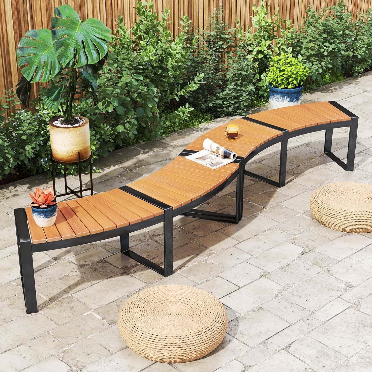 Set of 4 round outdoor metal wood backless garden benches around a fire pit table for outdoor seating and garden decor.