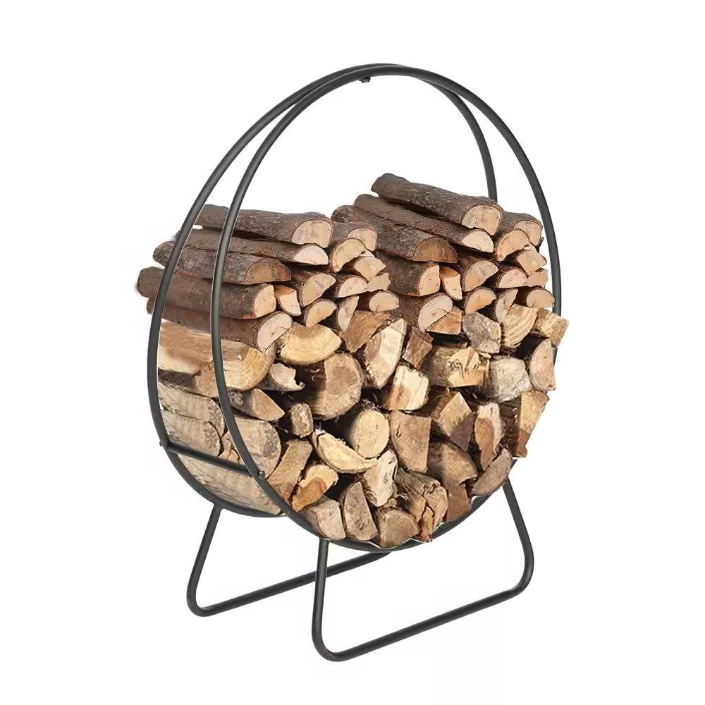 Black powder-coated steel 2-foot round firewood log rack for indoor or outdoor use, with a sturdy outdoor firewood rack design.