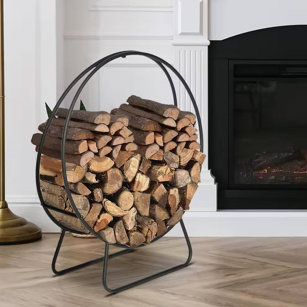 Black powder-coated steel firewood log rack, 2-ft. round outdoor firewood storage from HomePacific with a sturdy design.