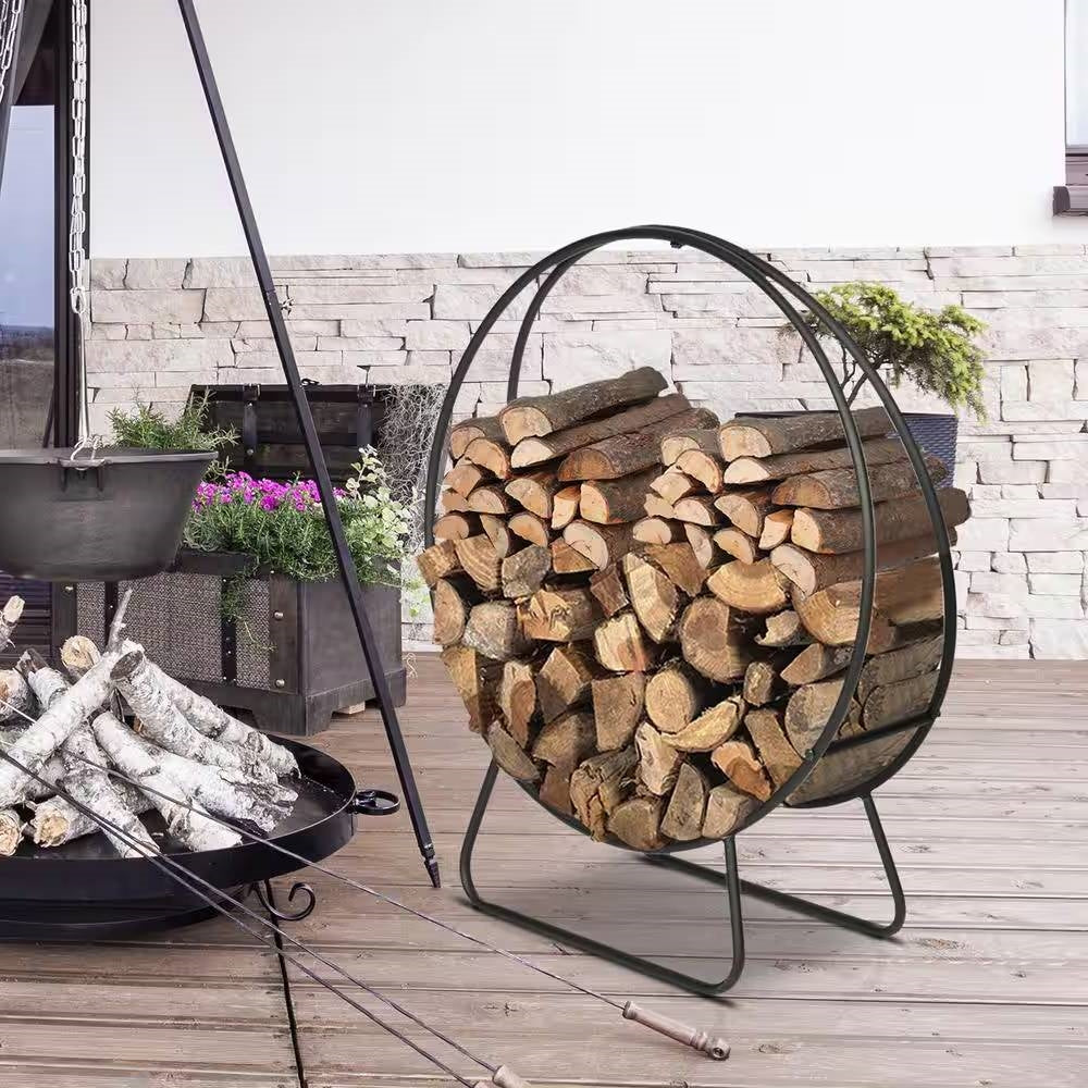 Black powder-coated steel firewood log rack, 2-foot round outdoor storage for firewood, suitable for indoor and outdoor use.