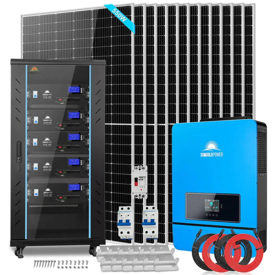 Sungold Off Grid Solar Kit 10KW 48VDC 120V/240V 25.6KWH Lithium Battery 12 X 550 Watts Solar Panels SGR-10K25 - We The Collective