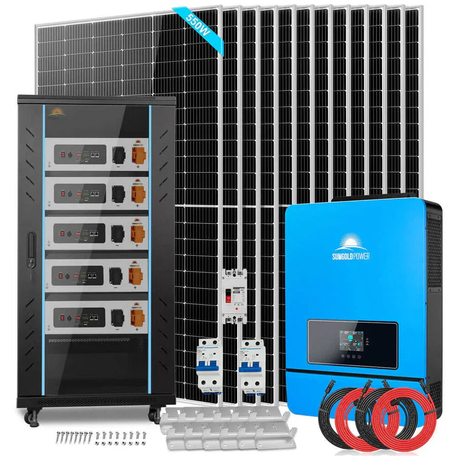 Sungold Off Grid Solar Kit 10KW 48VDC 120V/240V 25.6KWH Lithium Battery 12 X 550 Watts Solar Panels SGR-10K25 - We The Collective