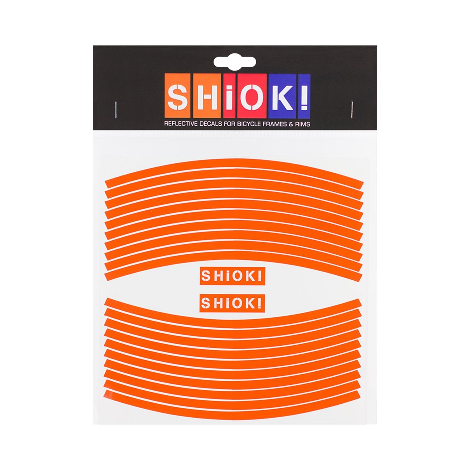 Orange SHIOK straight rim reflectives by ZEITBIKE installed on a bicycle wheel for enhanced visibility and safety.