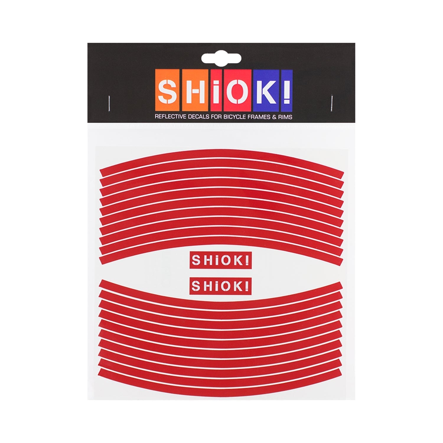 Red SHIOK Straight Rim Reflective for bicycles, featuring bright reflective striping on a bicycle wheel rim.