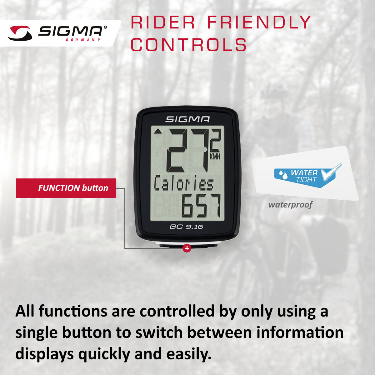 ZEITBIKE SIGMA BC 9.16 ATS wireless bicycle computer showing digital display and control buttons on a bike handlebar.