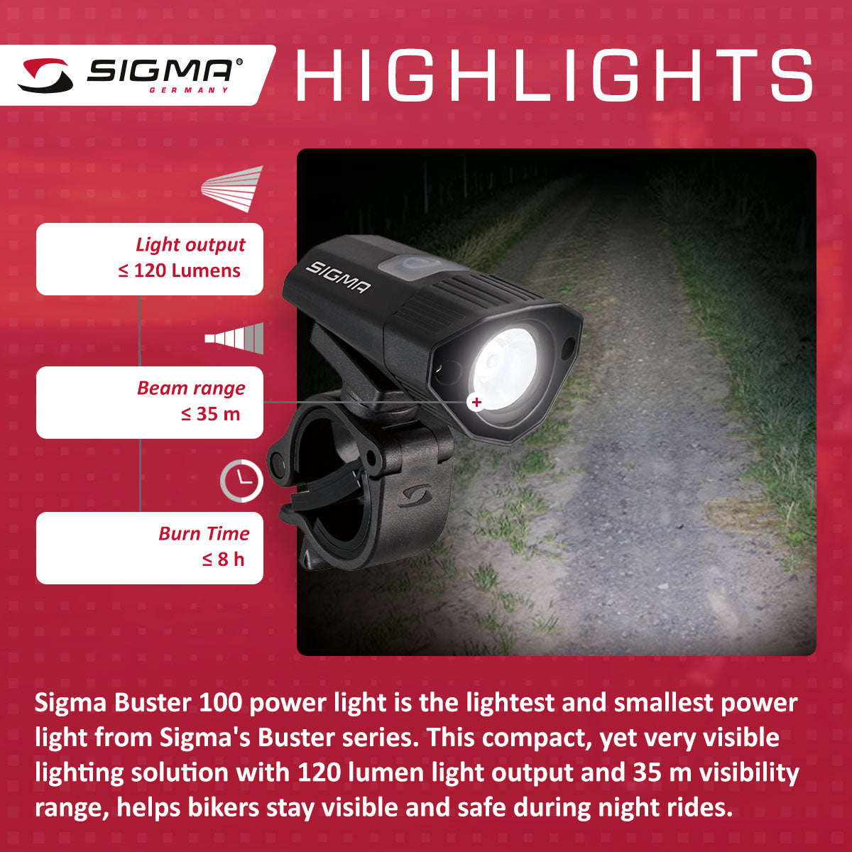 ZEITBIKE SIGMA Light BUSTER 100 power bicycle light with optional NUGGET II flash, mounted on a bike handlebar for visibility.