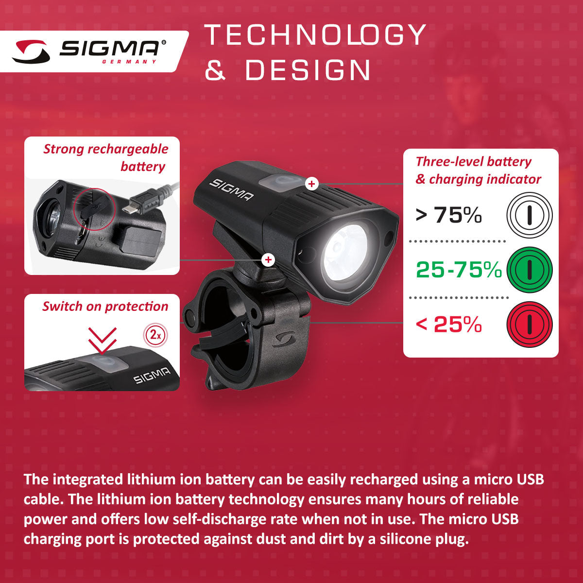 ZEITBIKE SIGMA Light BUSTER 100 bicycle power light with NUGGET II flash, mounted on a bike handlebar for visibility.