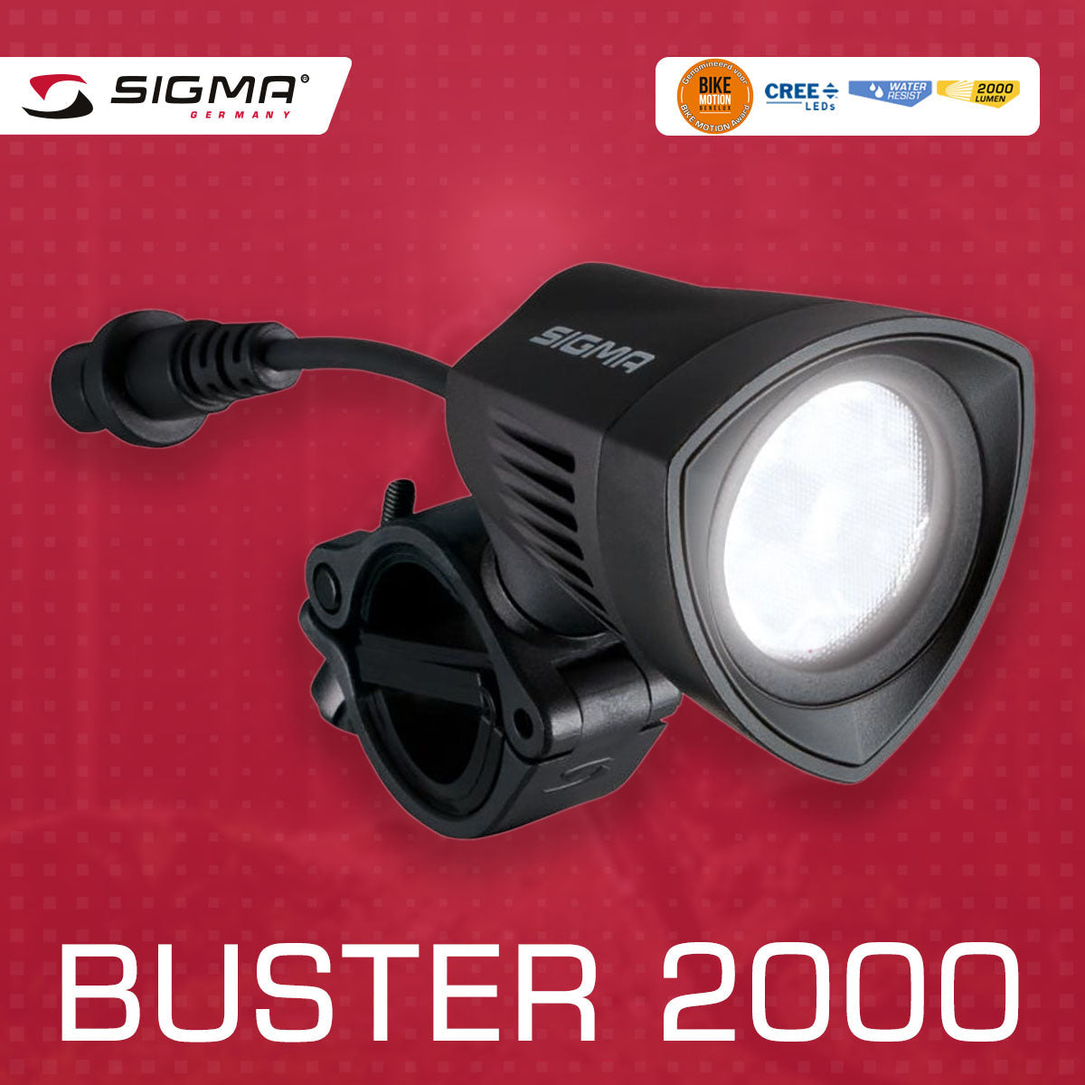 ZEITBIKE SIGMA Light BUSTER 2000 bicycle light mounted on a bike, showcasing its bright LED illumination and durable design.