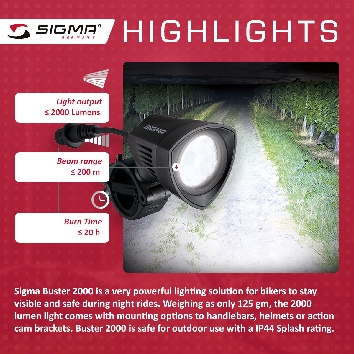 ZEITBIKE SIGMA Light BUSTER 2000 bicycle light mounted on a bike, showing its bright LED beam and compact design.