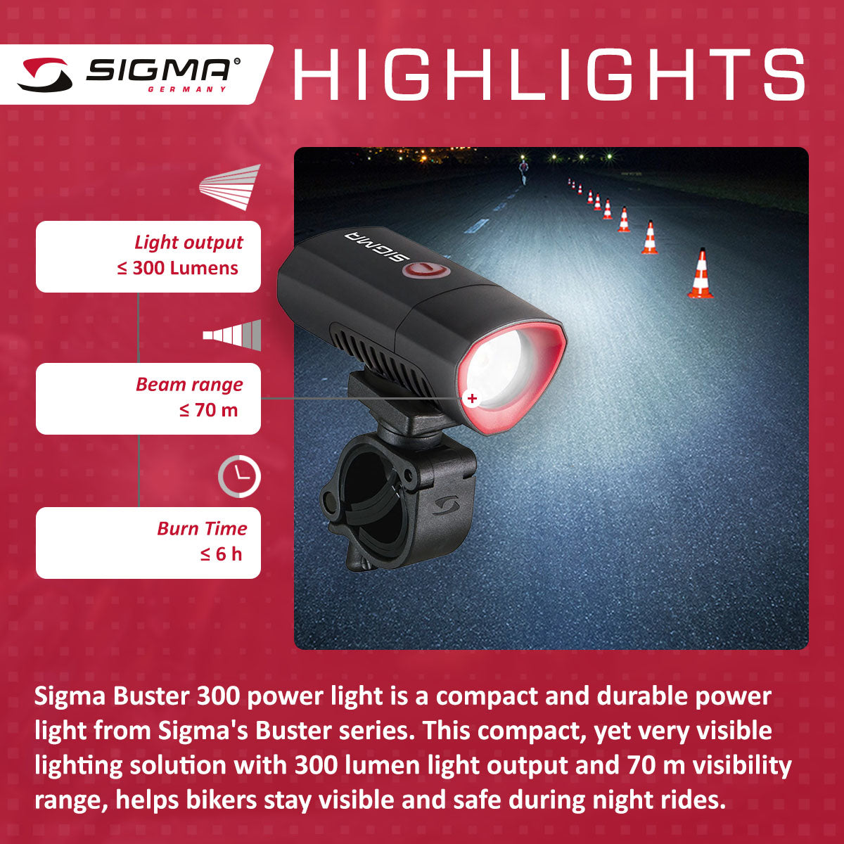 ZEITBIKE SIGMA Light BUSTER 300 bicycle front light with Nugget II flash, mounted on a bike handlebar for visibility.