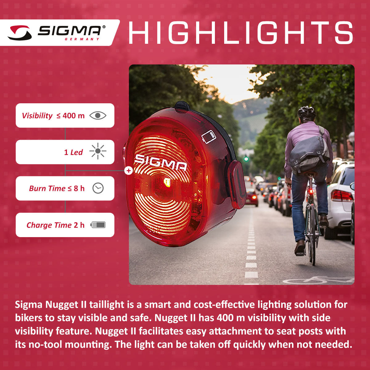 ZEITBIKE SIGMA Light BUSTER 100 bicycle power light with NUGGET II flash for enhanced visibility and safety during cycling.