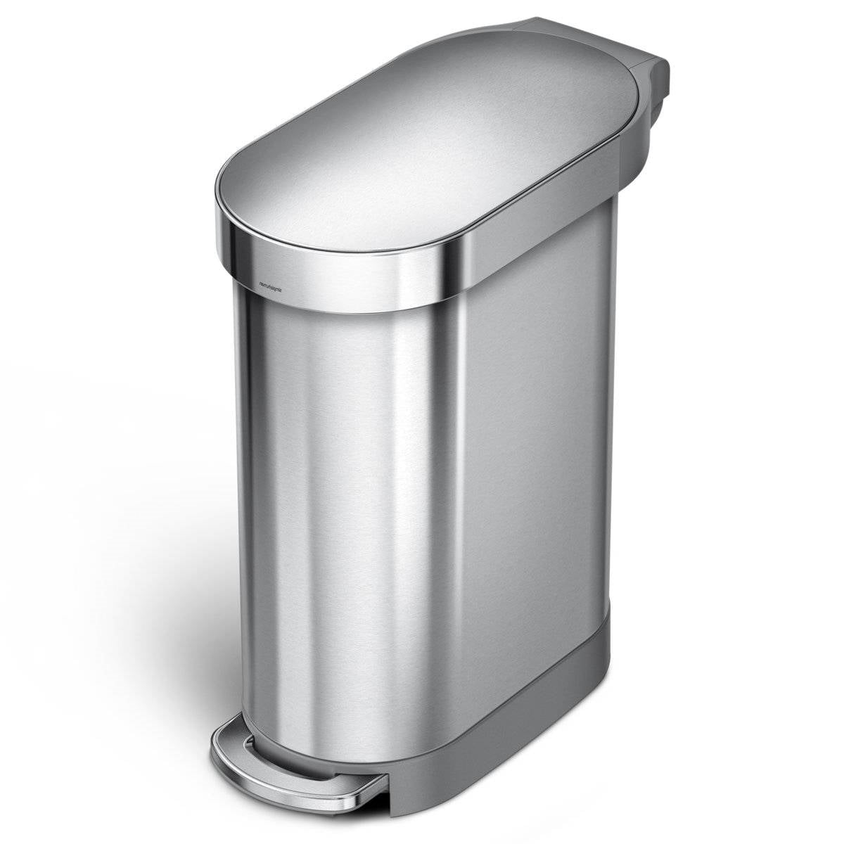 Stainless steel 12-gallon narrow kitchen trash can with easy step-on lid by HomePacific, featuring a sleek, compact design for modern kitchens.