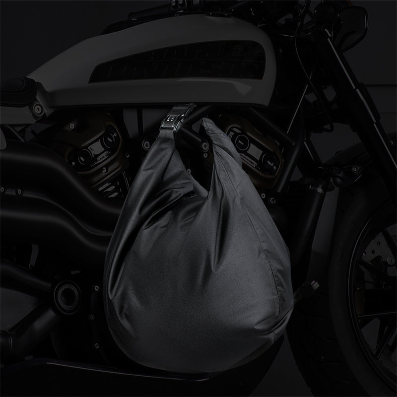 Bean's Moto Booth portable motorcycle helmet storage bag with code lock, compact and secure for safe helmet transport.