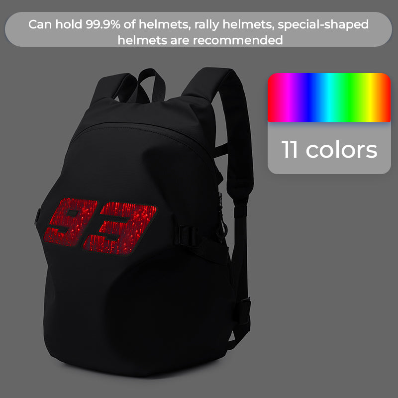 Illuminated ALBERS™ motorcycle helmet backpack from Bean's Moto Booth, Tribute Edition with reflective features and adjustable straps.